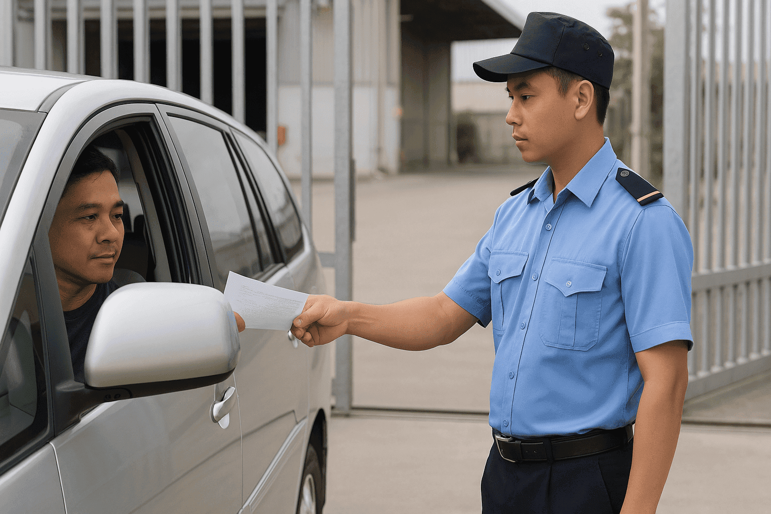 Nhân viên công ty bảo vệ kiểm soát an ninh tại nhà máy sản xuất