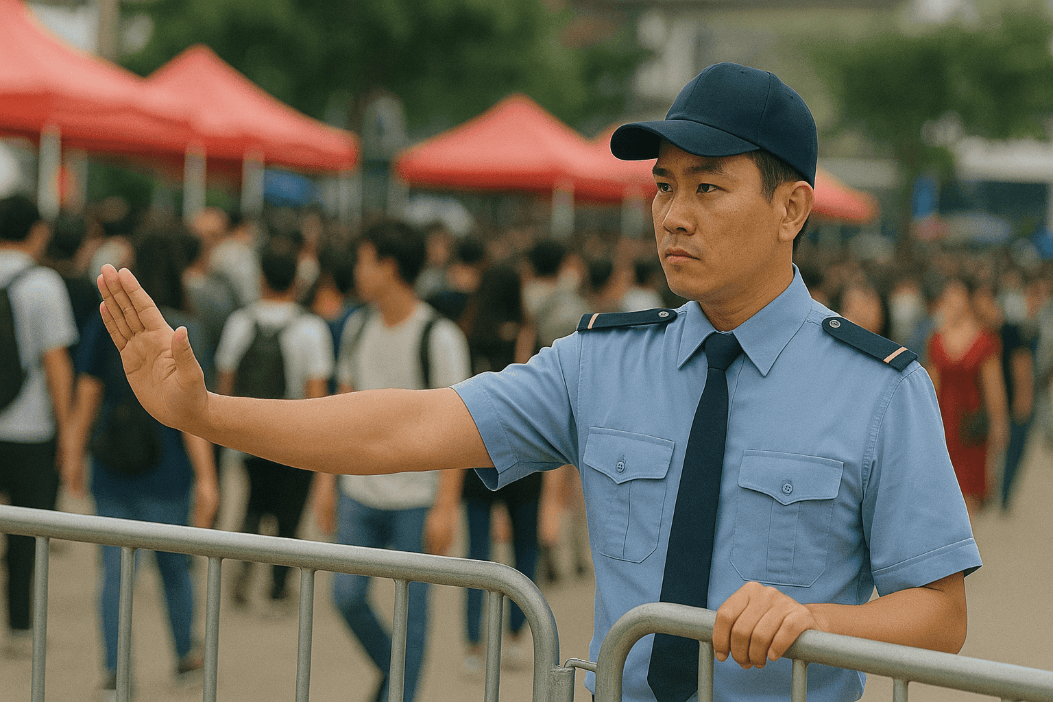 Nhân viên công ty bảo vệ điều phối khách tại sự kiện ngoài trời