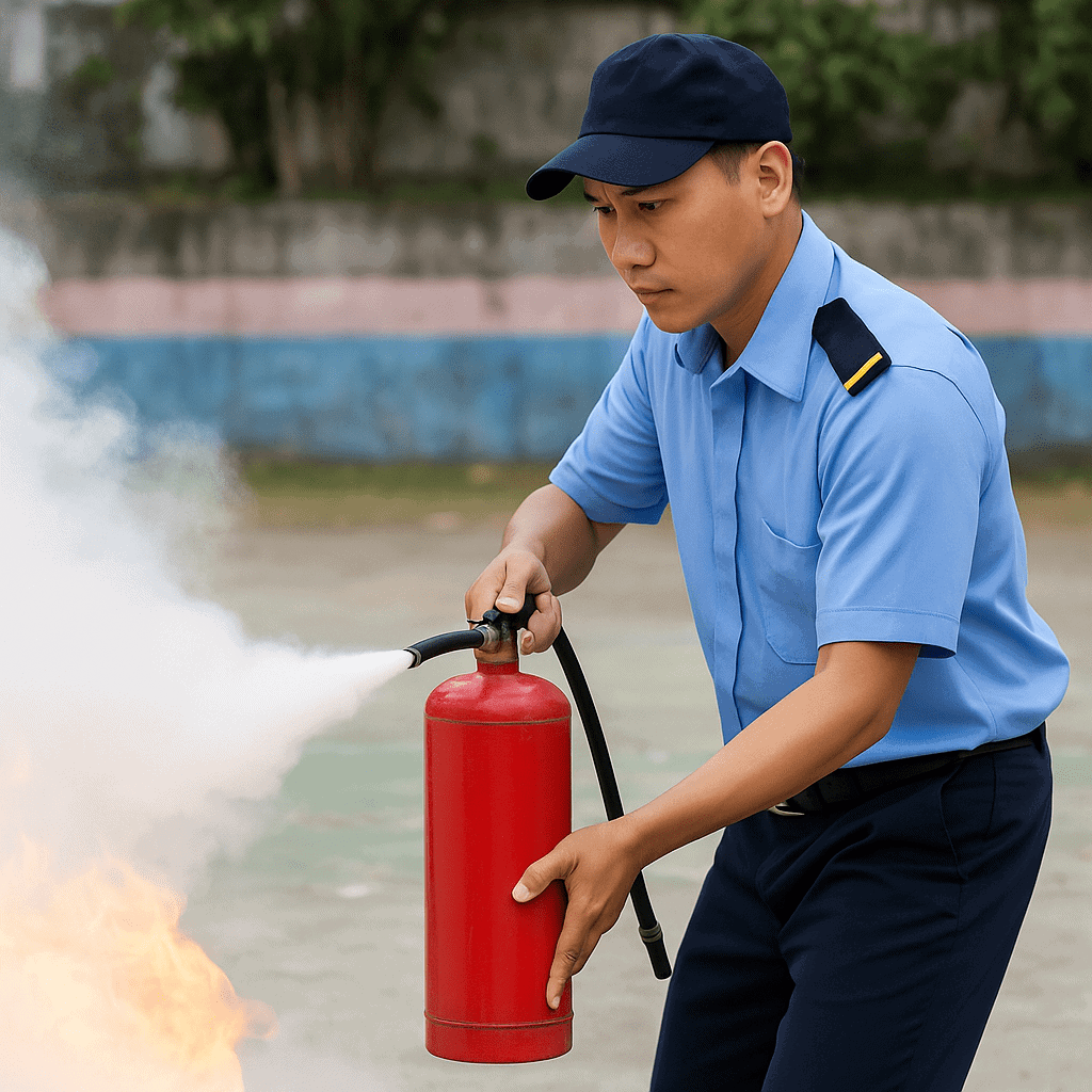 Nhân viên công ty bảo vệ thực hành chữa cháy bằng bình cứu hỏa