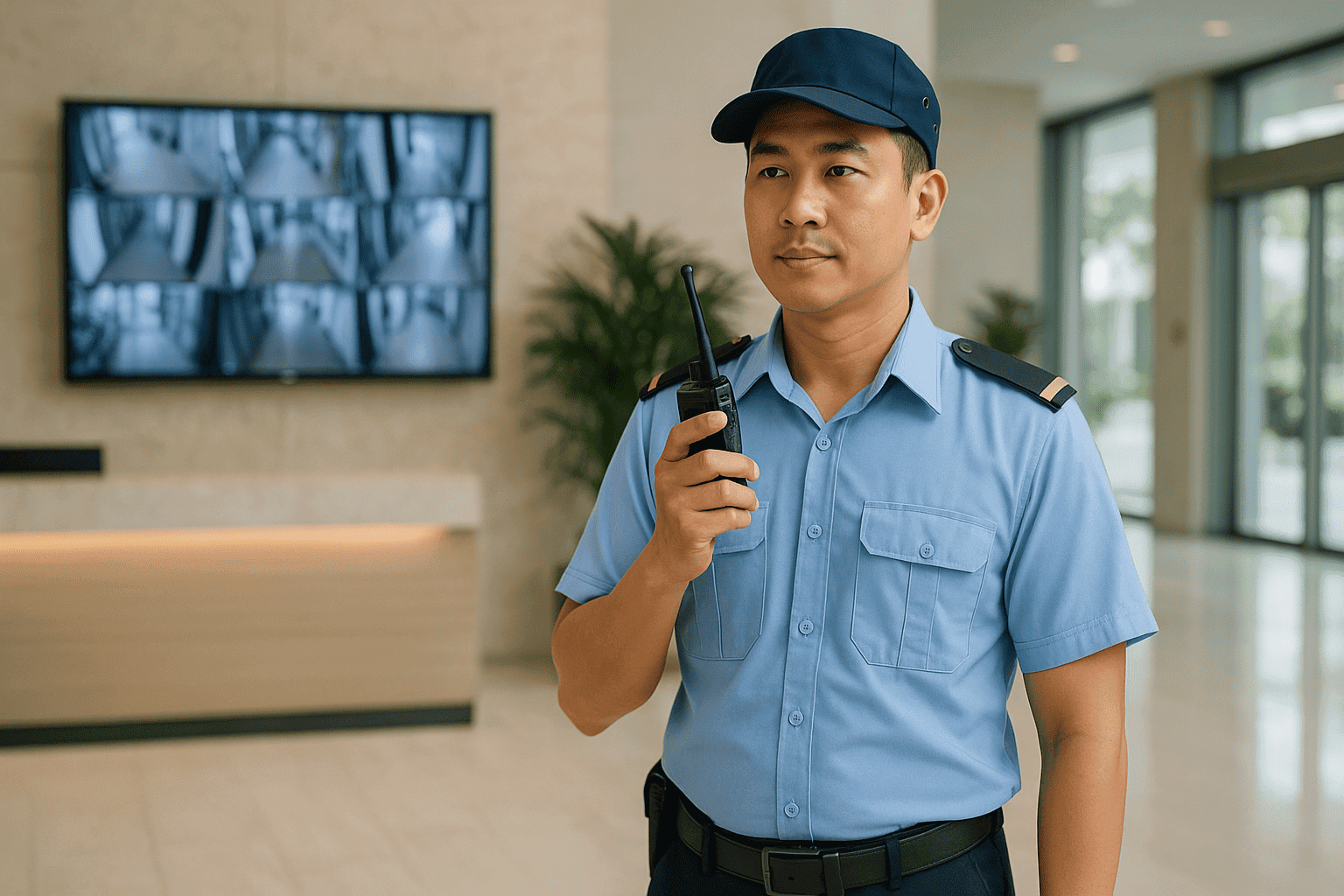Nhân viên bảo vệ chuyên nghiệp trực sảnh tòa nhà, đảm bảo an ninh 24/7