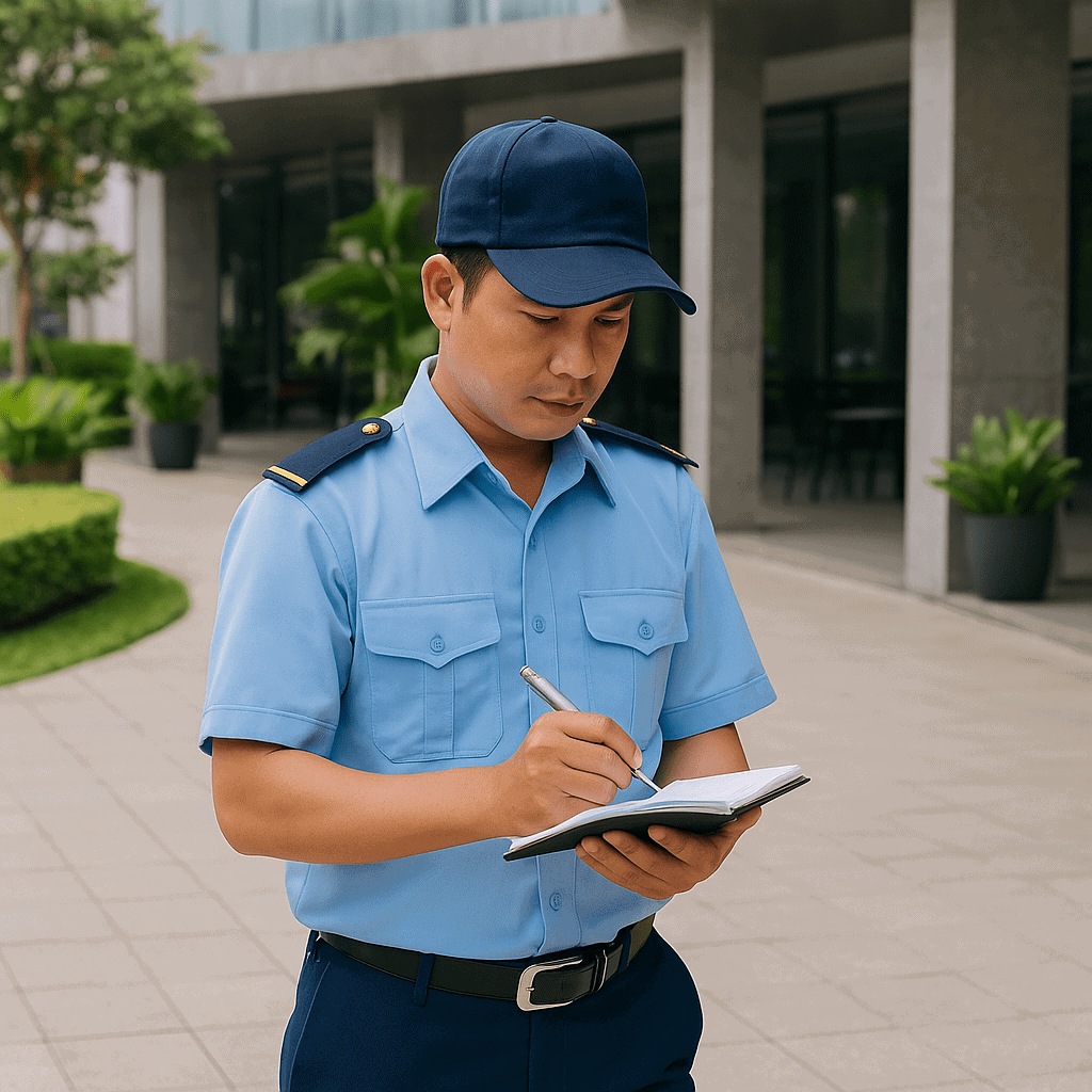Nhân viên công ty bảo vệ thực hành tuần tra và ghi nhận sự cố
