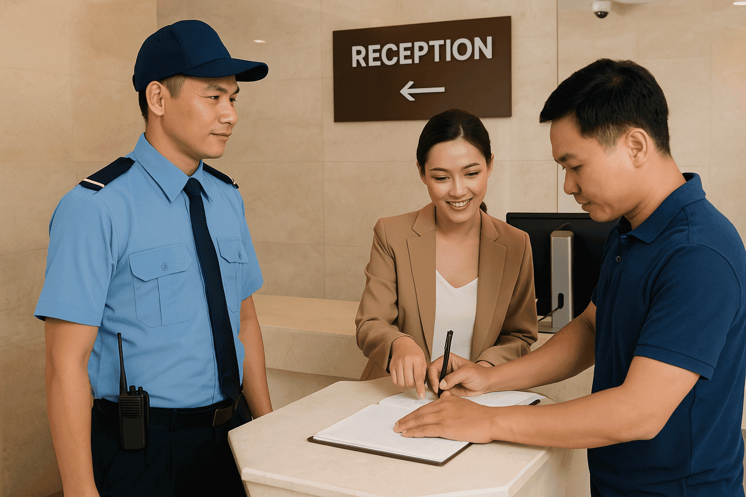 Bảo vệ chung cư trực sảnh lễ tân hỗ trợ cư dân