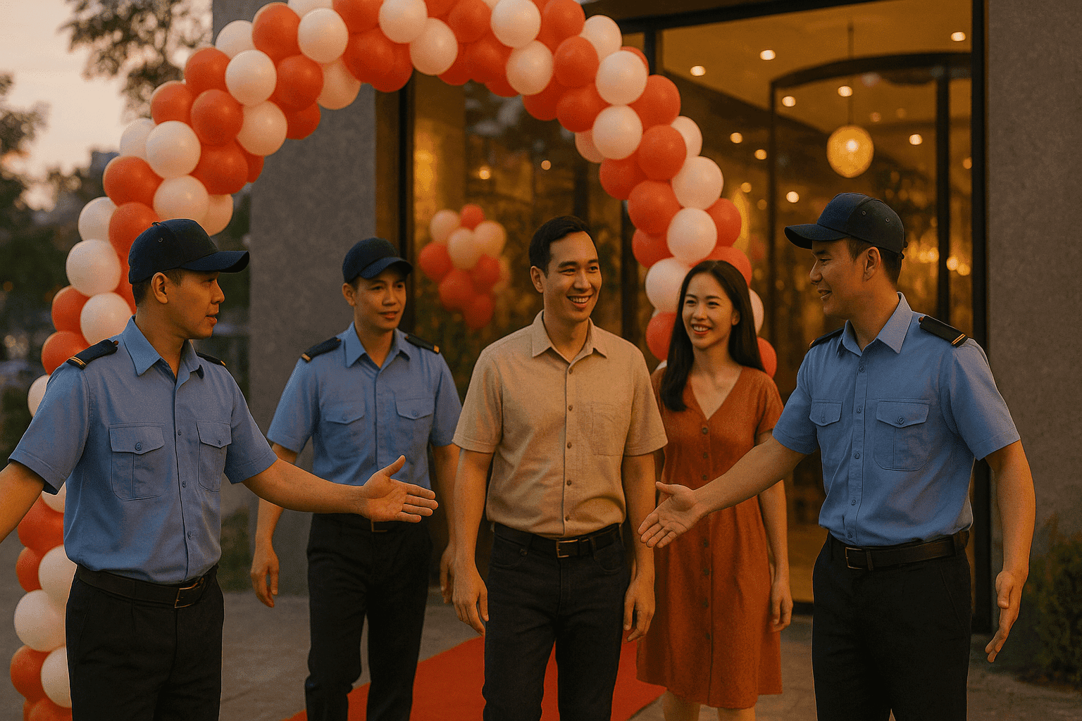Bảo vệ khai trương nhà hàng điều phối khách tại cổng