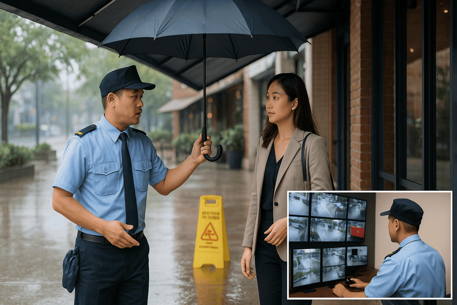 Bảo vệ hướng dẫn khách dưới mái che trong trời mưa tại lối vào nhà hàng
