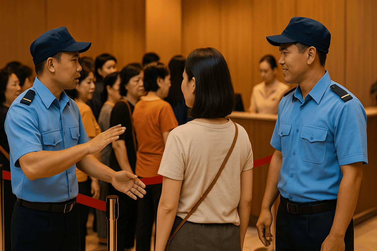 Bảo vệ khai trương nhà hàng điều tiết hàng chờ lễ tân