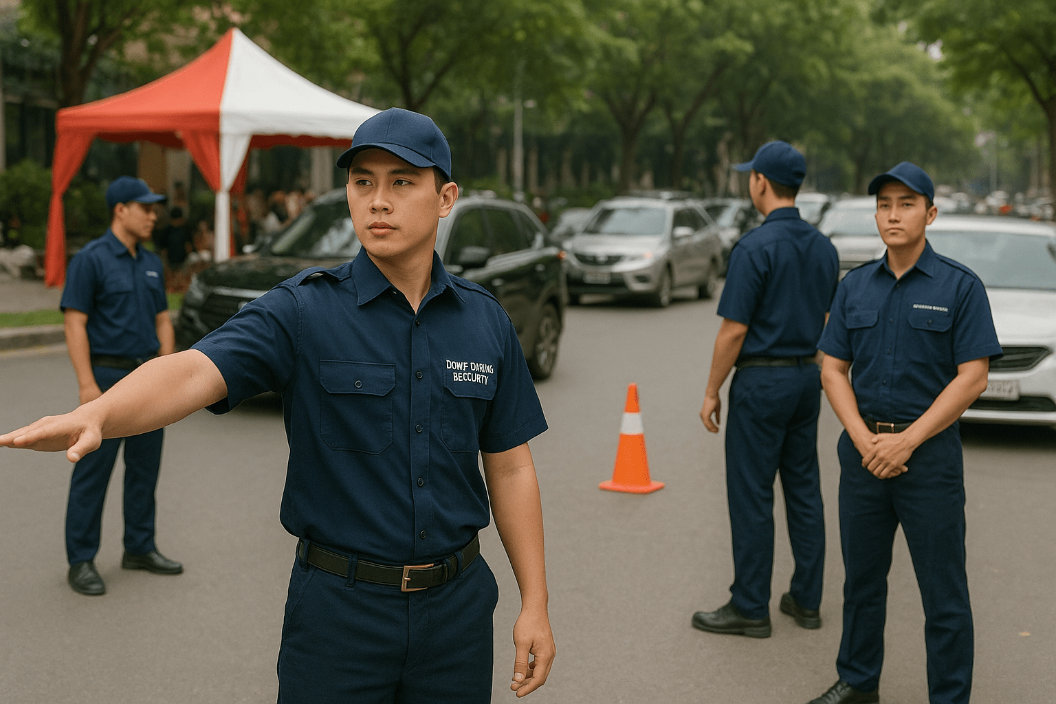 Bảo vệ khai trương nhà hàng ở khu vực lối vào, bãi xe
