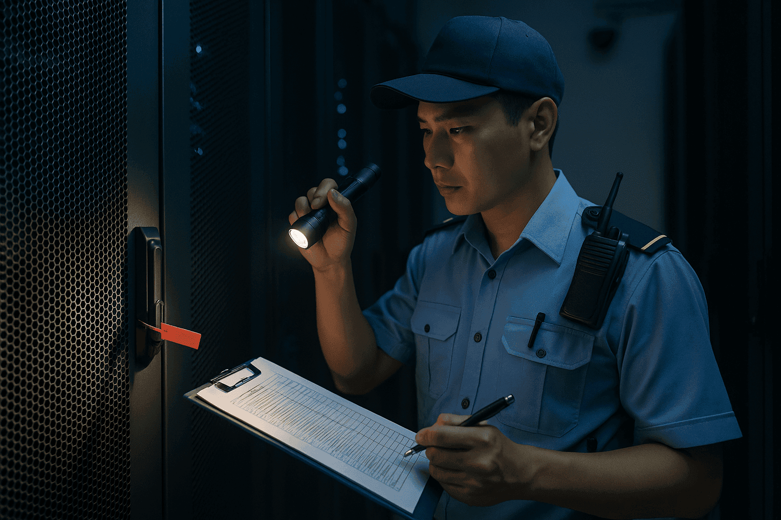 Bảo vệ văn phòng tuần tra khu vực máy chủ thiết bị