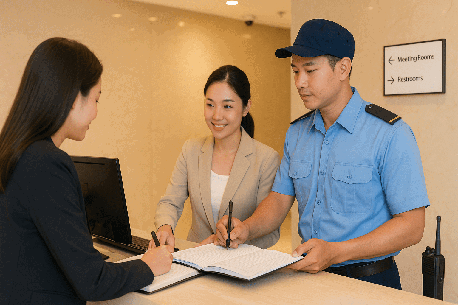 Bảo vệ văn phòng hỗ trợ khách tại quầy lễ tân