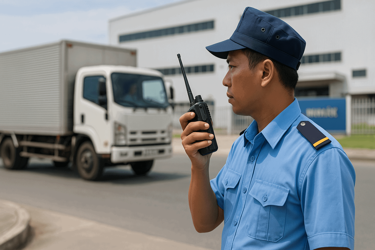 Nhân viên công ty bảo vệ Đồng Nai kiểm soát phương tiện tại cổng khu công nghiệp