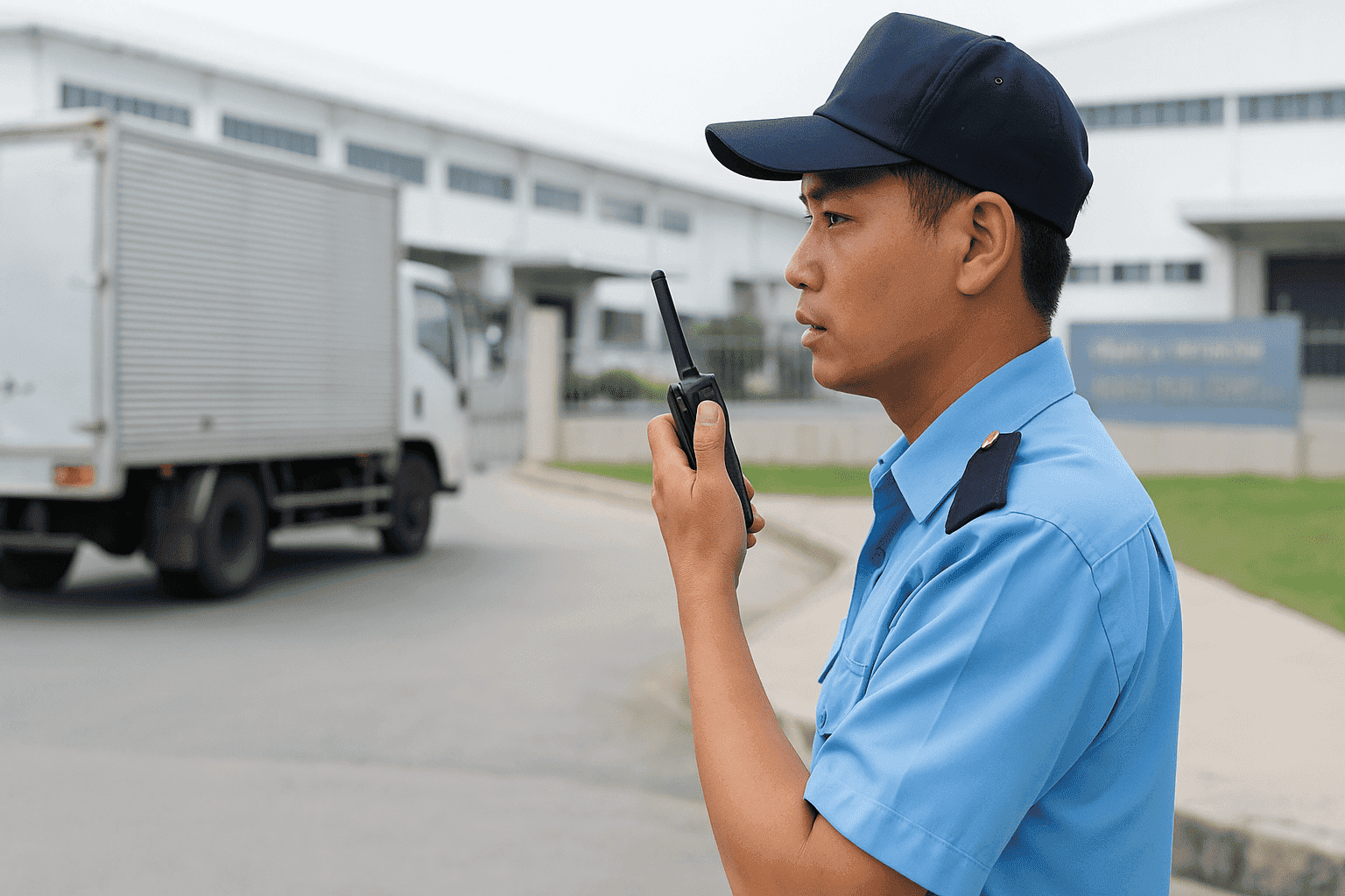 Nhân viên dịch vụ bảo vệ Tây Ninh kiểm soát phương tiện tại cổng khu công nghiệp