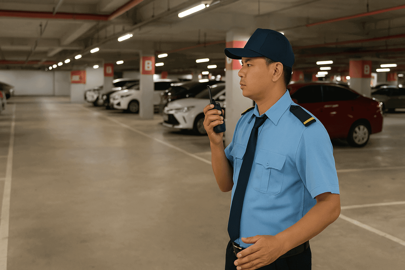 Bảo vệ Tây Ninh tuần tra bãi đỗ xe siêu thị, quan sát điểm mù tránh thất thoát