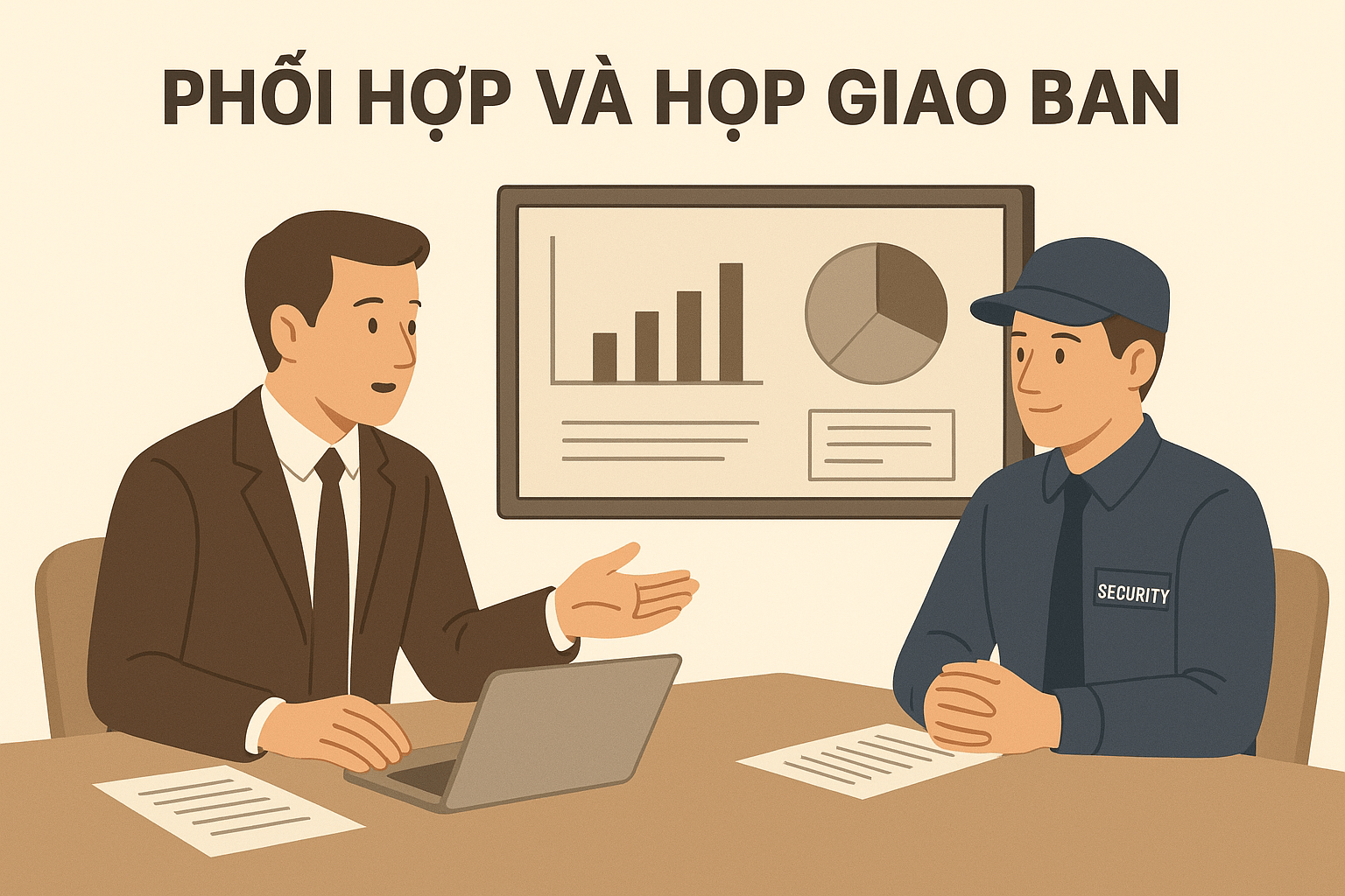 Họp giao ban giữa quản lý và nhân viên bảo vệ