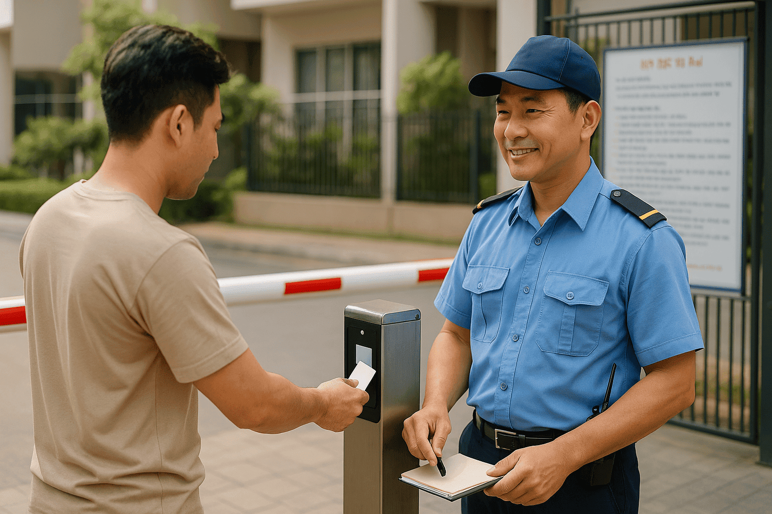 Bảo vệ chung cư kiểm soát ra vào tại cổng chính
