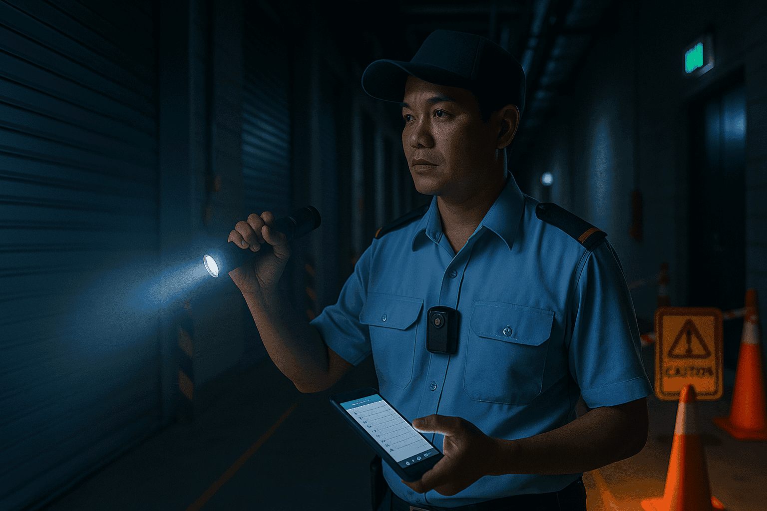 Tuần tra ca đêm lối hành lang kho hàng