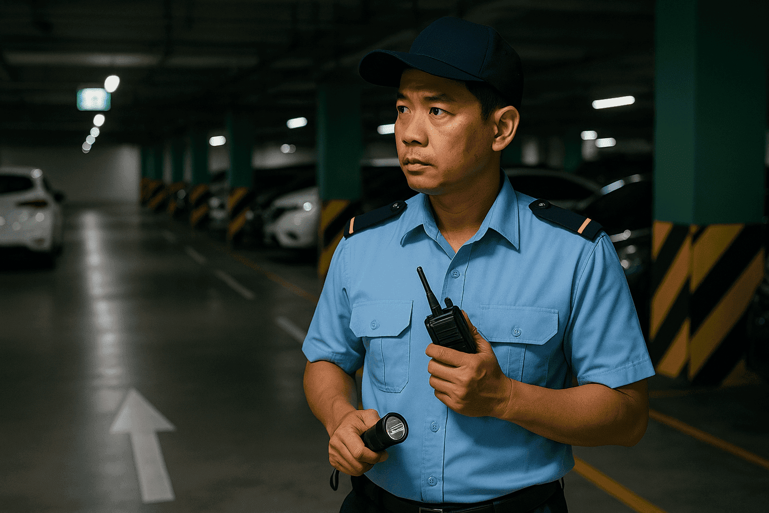 Tuần tra hầm gửi xe dịch vụ bảo vệ tòa nhà