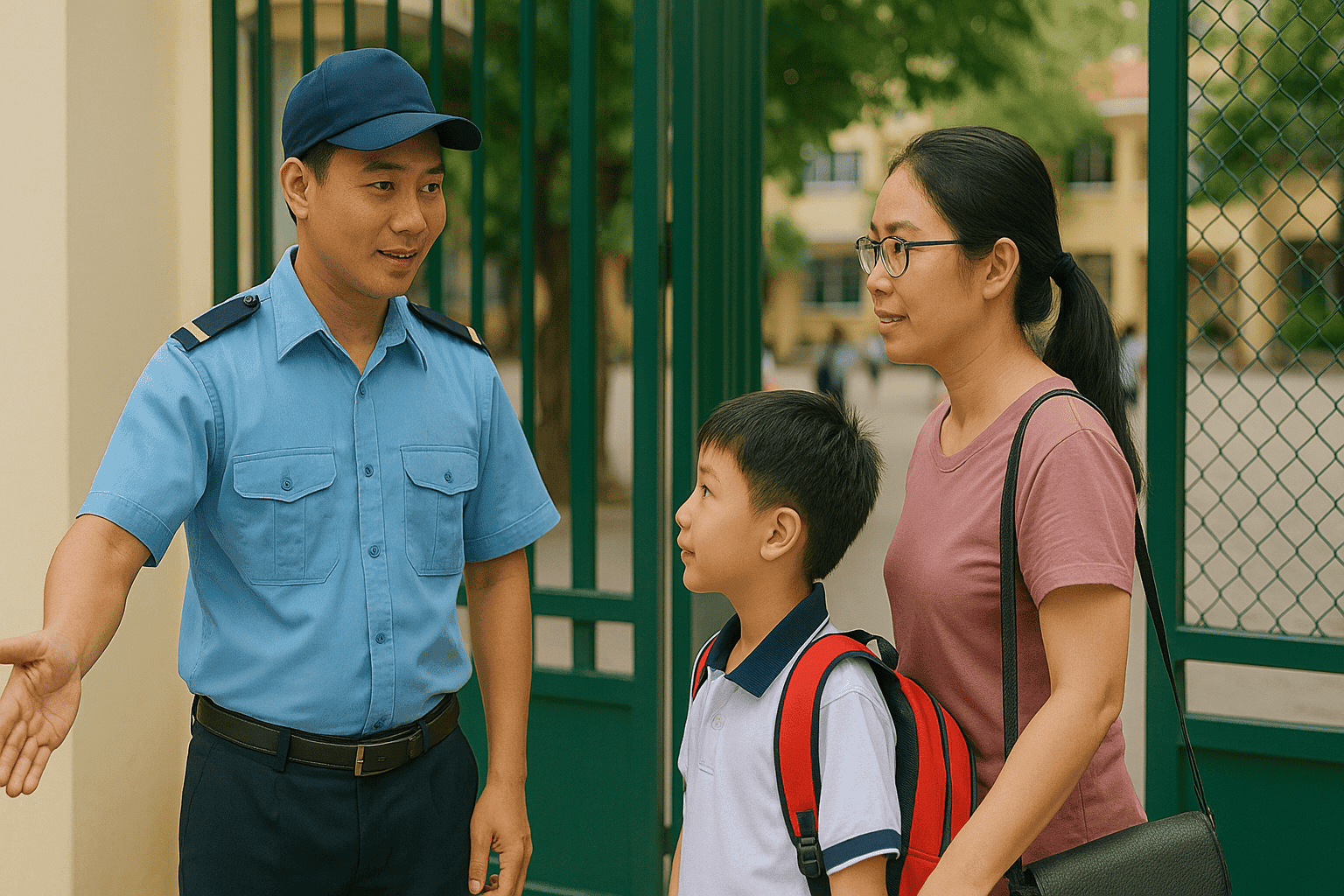 Việc làm bảo vệ Phú Nhuận hỗ trợ phụ huynh tại cổng trường học