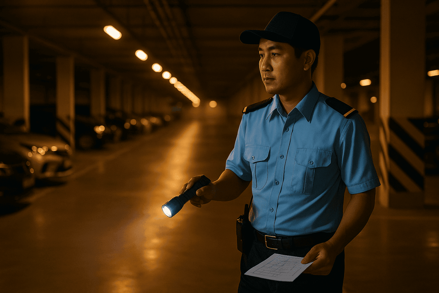 Bảo vệ chung cư tuần tra hầm xe ban đêm an toàn
