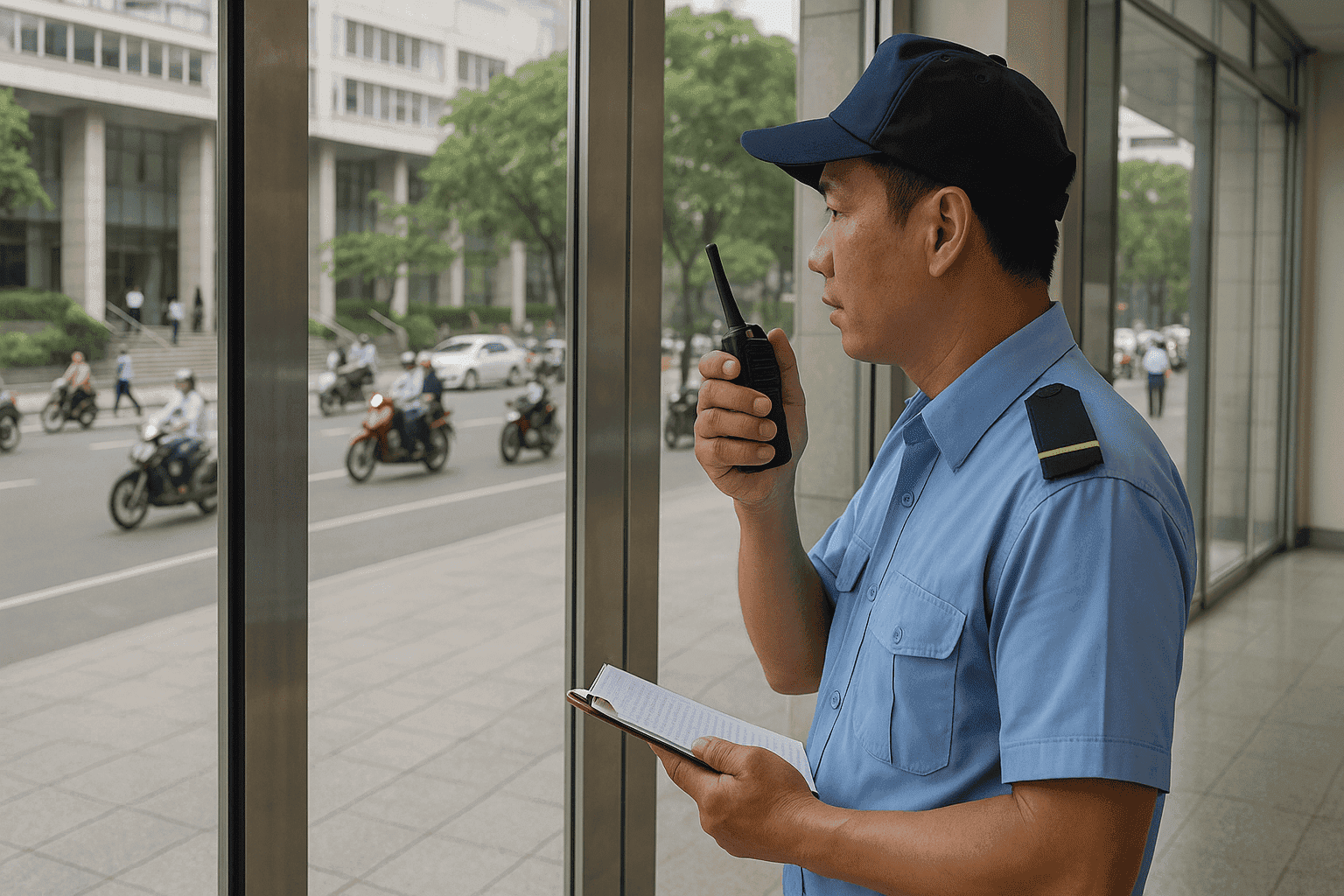 Bảo vệ trực cổng tòa nhà giờ cao điểm, dịch vụ bảo vệ Đồng Nai đảm bảo trật tự ra vào