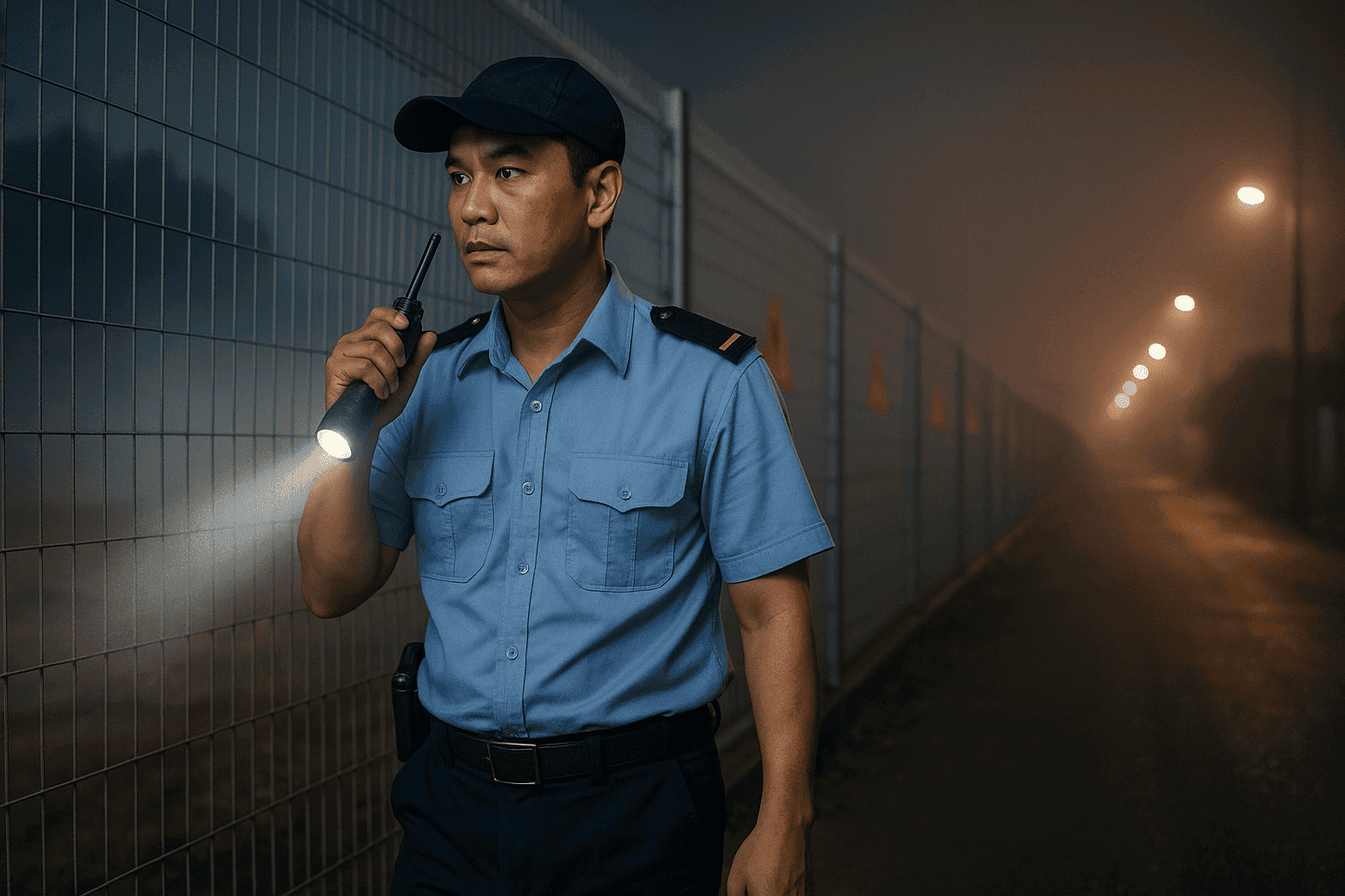 Tuần tra đêm dịch vụ bảo vệ công trường dọc hàng rào