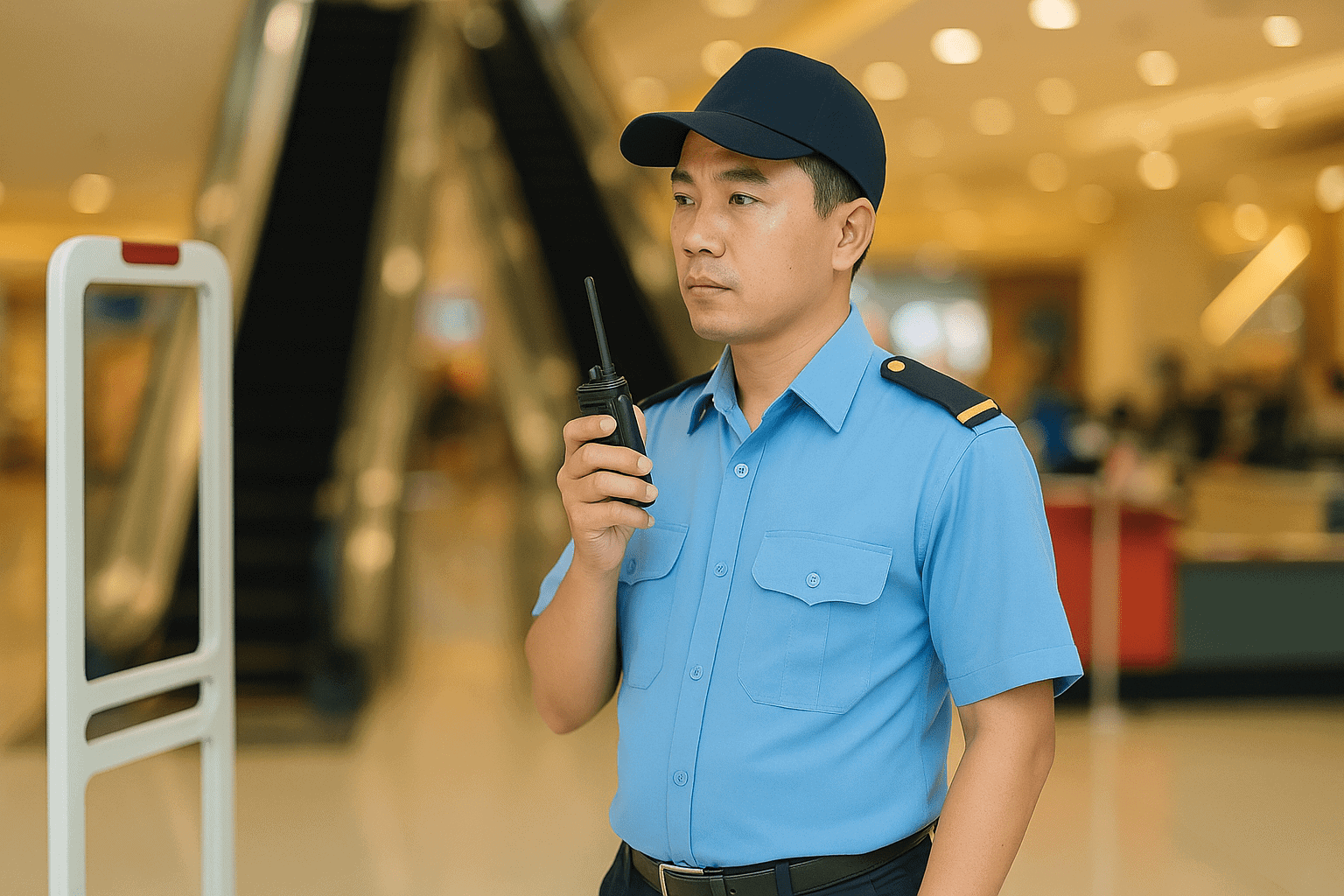 Bảo vệ siêu thị hỗ trợ khách mua sắm trong việc làm bảo vệ Bình Chánh