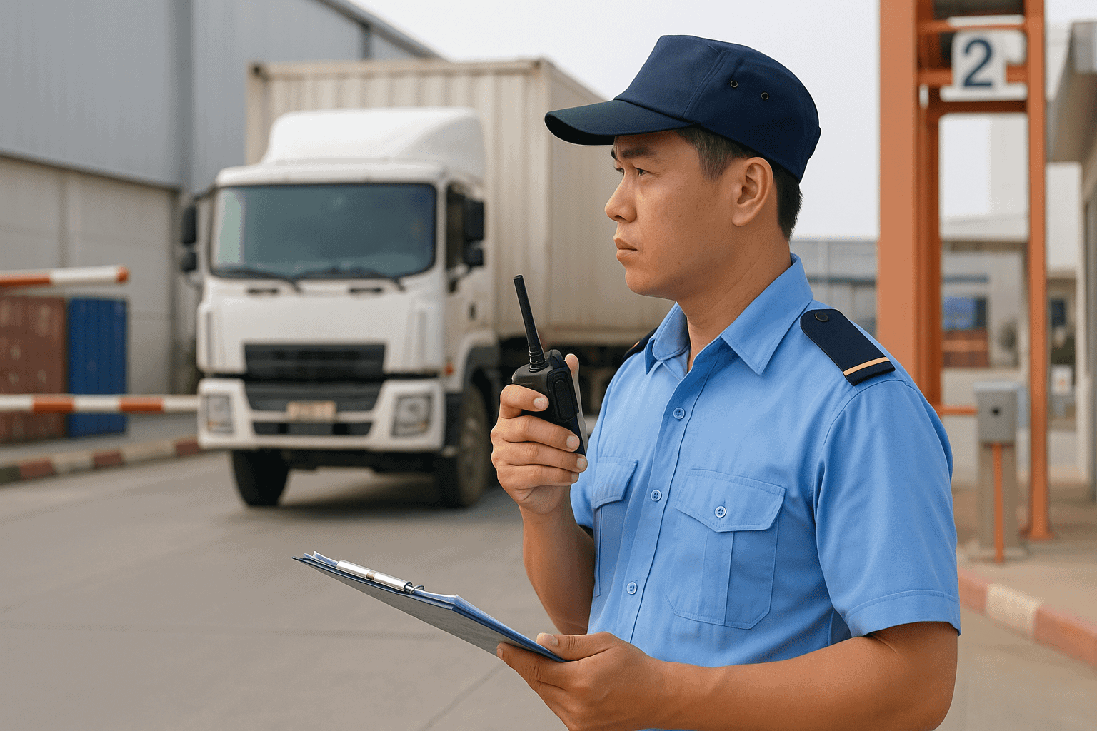 Bảo vệ cổng KCN kiểm soát xe ra vào trong việc làm bảo vệ Bình Chánh