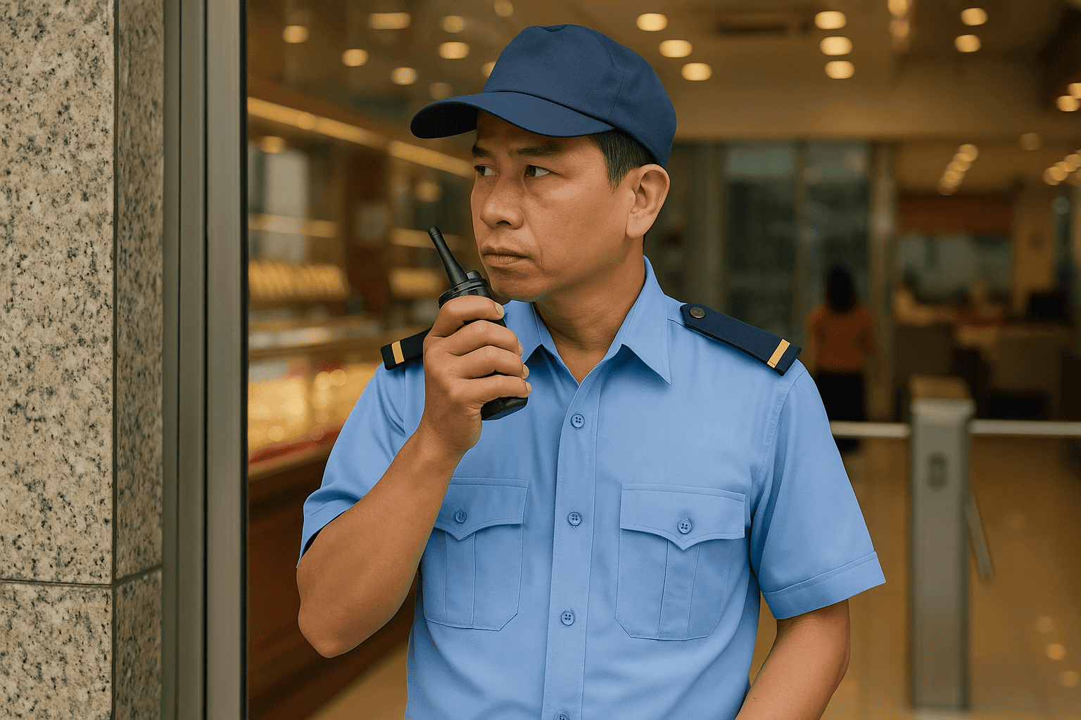 Bảo vệ tiệm vàng quan sát giao dịch trong việc làm bảo vệ Bình Thạnh
