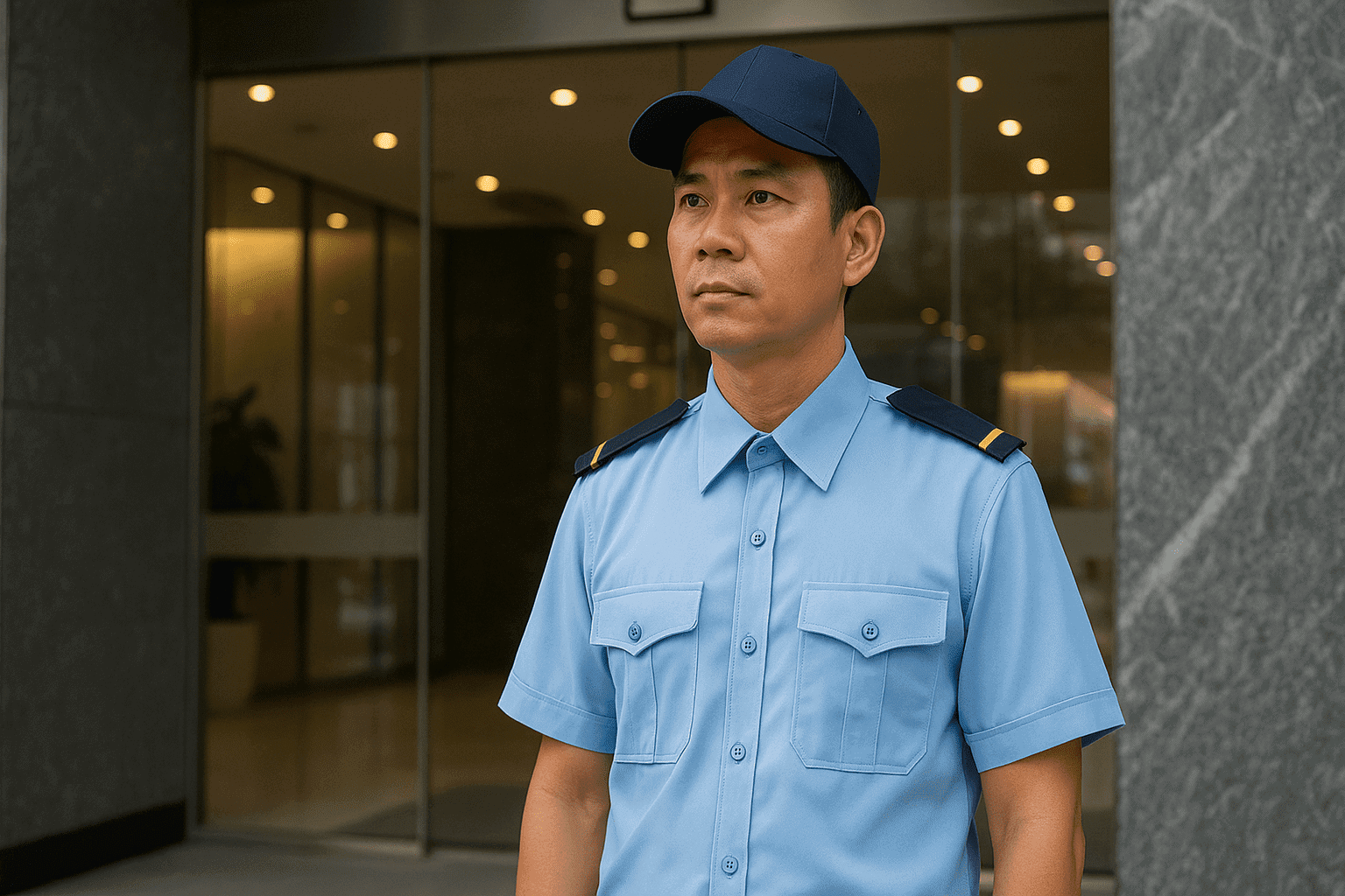 Nhân viên việc làm bảo vệ Phú Nhuận đứng trực sảnh tòa nhà, đảm bảo an ninh