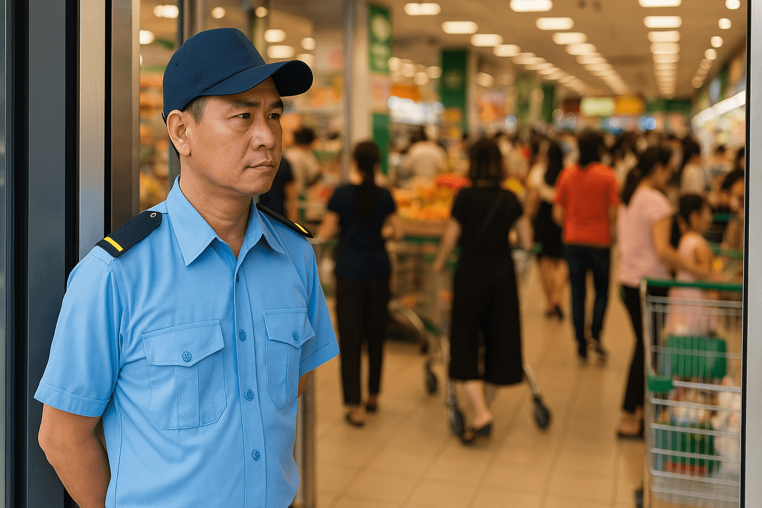 Nhân viên việc làm bảo vệ Quận 11 trực gác tại siêu thị đông khách
