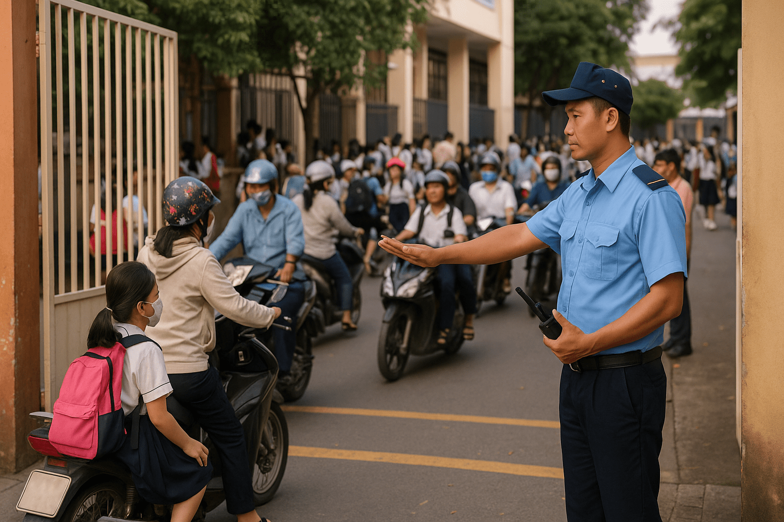 Việc làm bảo vệ Quận 12 phân luồng trước cổng trường