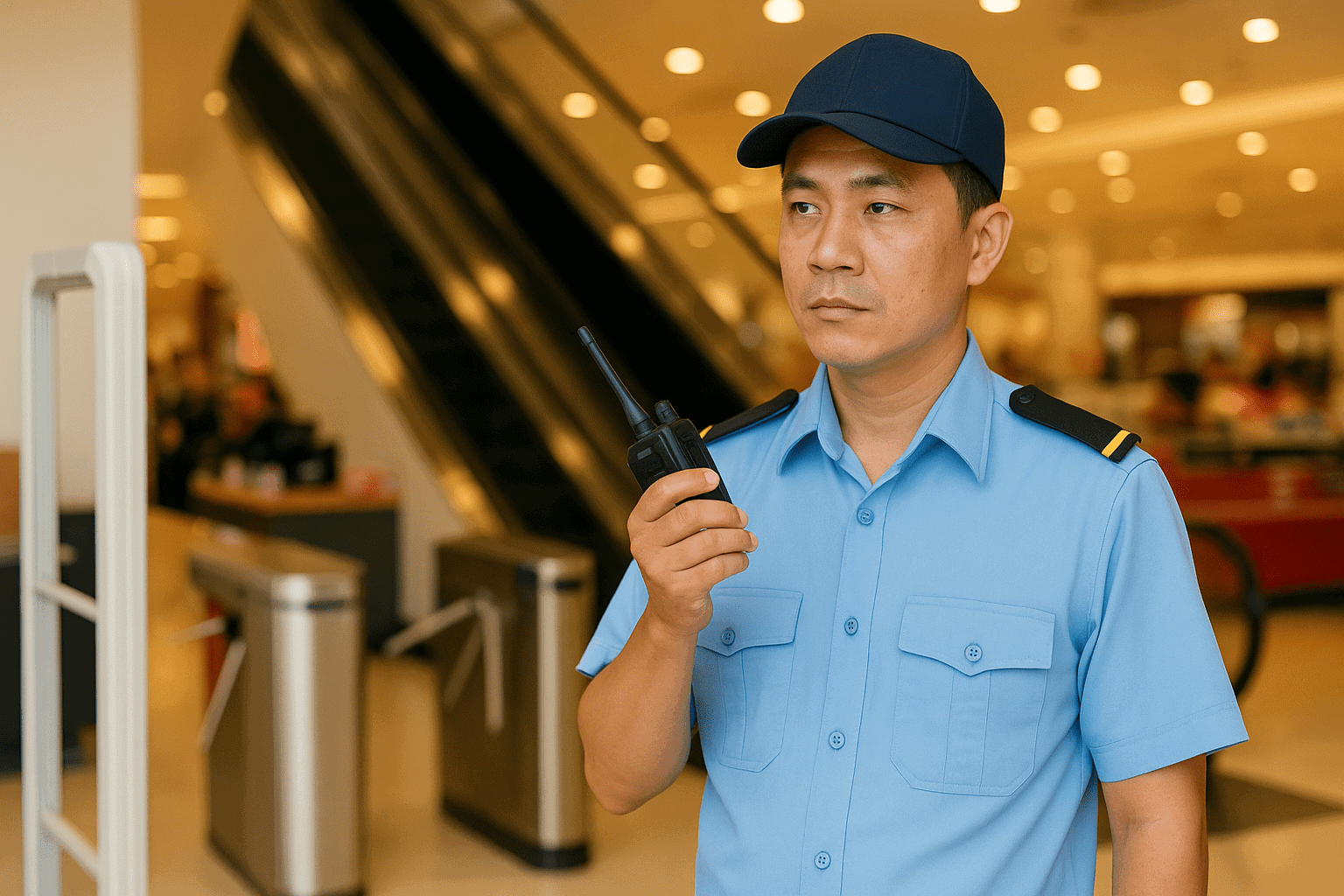 Bảo vệ trung tâm thương mại Quận 4 kiểm soát khách ra vào