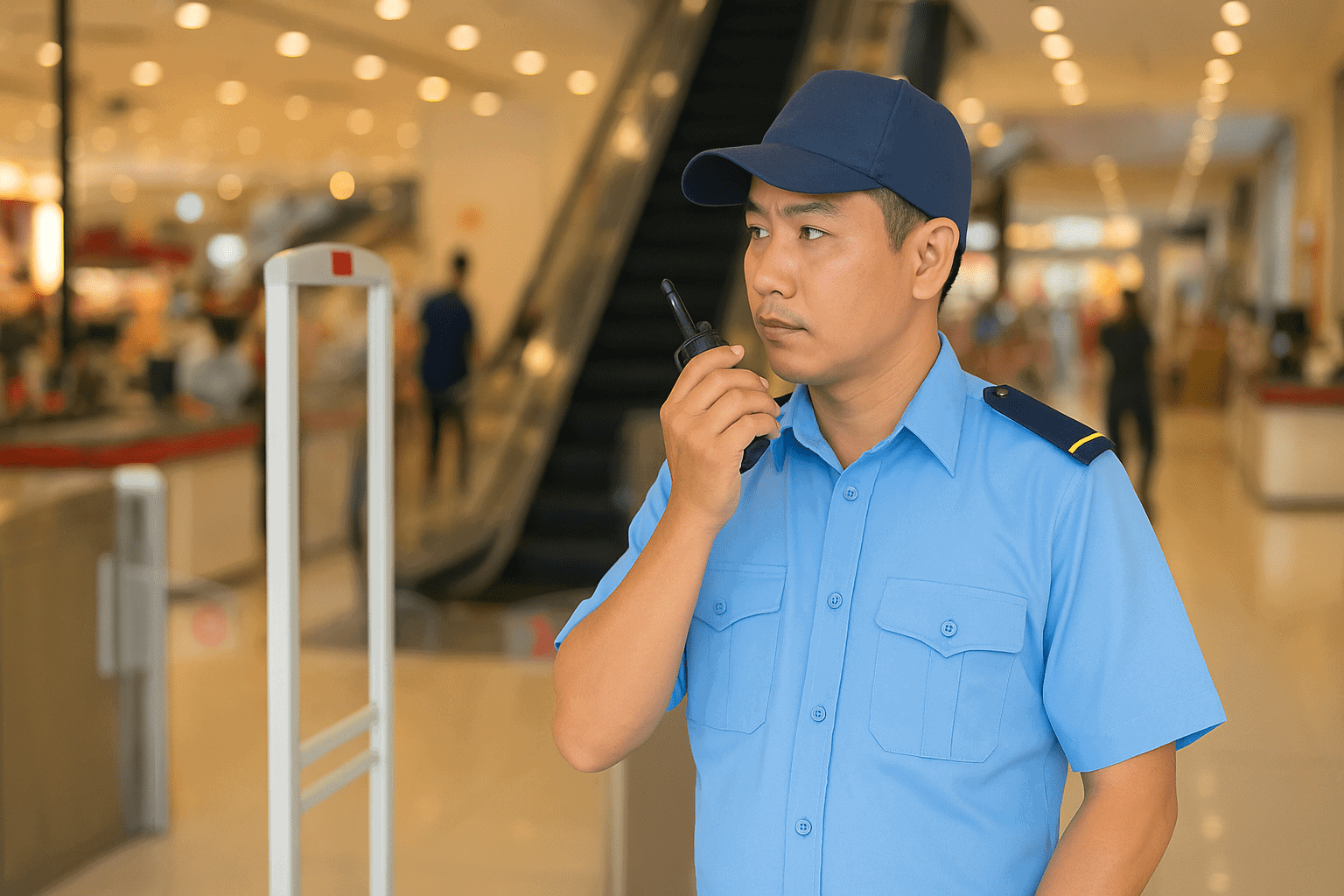 Bảo vệ siêu thị kiểm soát khách ra vào trong việc làm bảo vệ Quận 5