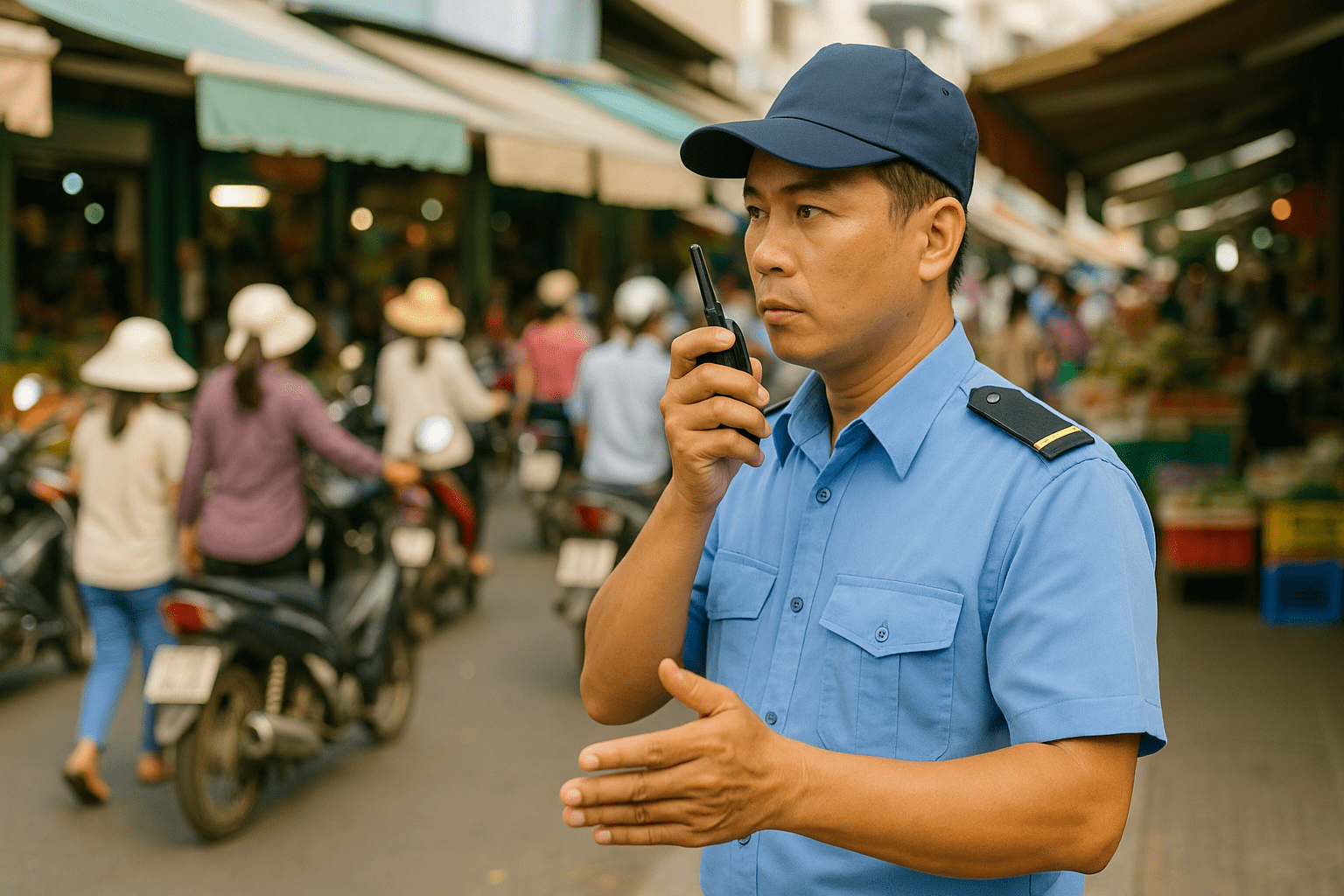 Bảo vệ chợ truyền thống giữ trật tự trong việc làm bảo vệ Quận 5