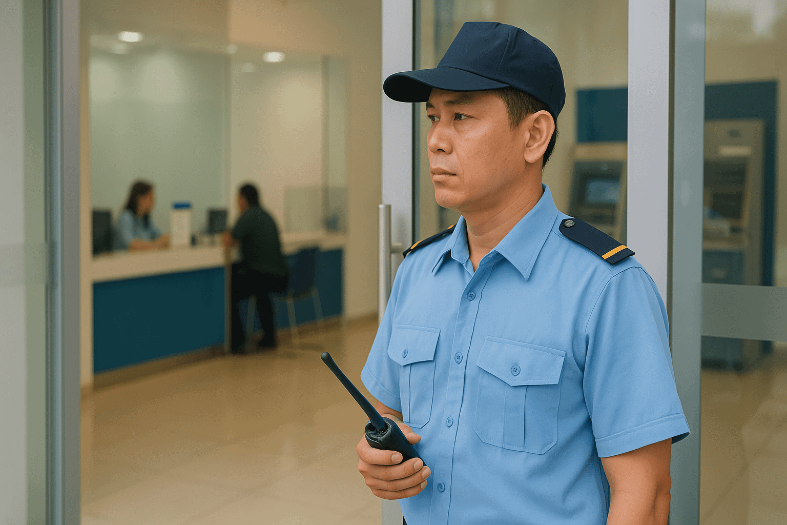 Bảo vệ ngân hàng quan sát giao dịch trong việc làm bảo vệ Quận 5