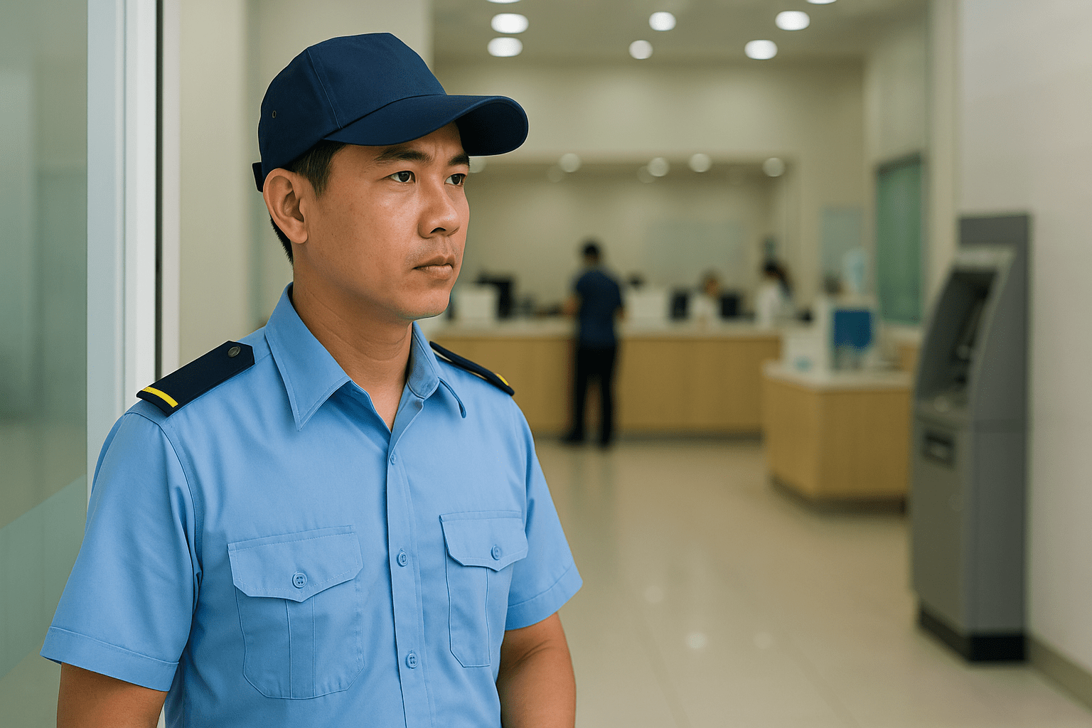 Bảo vệ ngân hàng quan sát giao dịch trong việc làm bảo vệ Quận 6