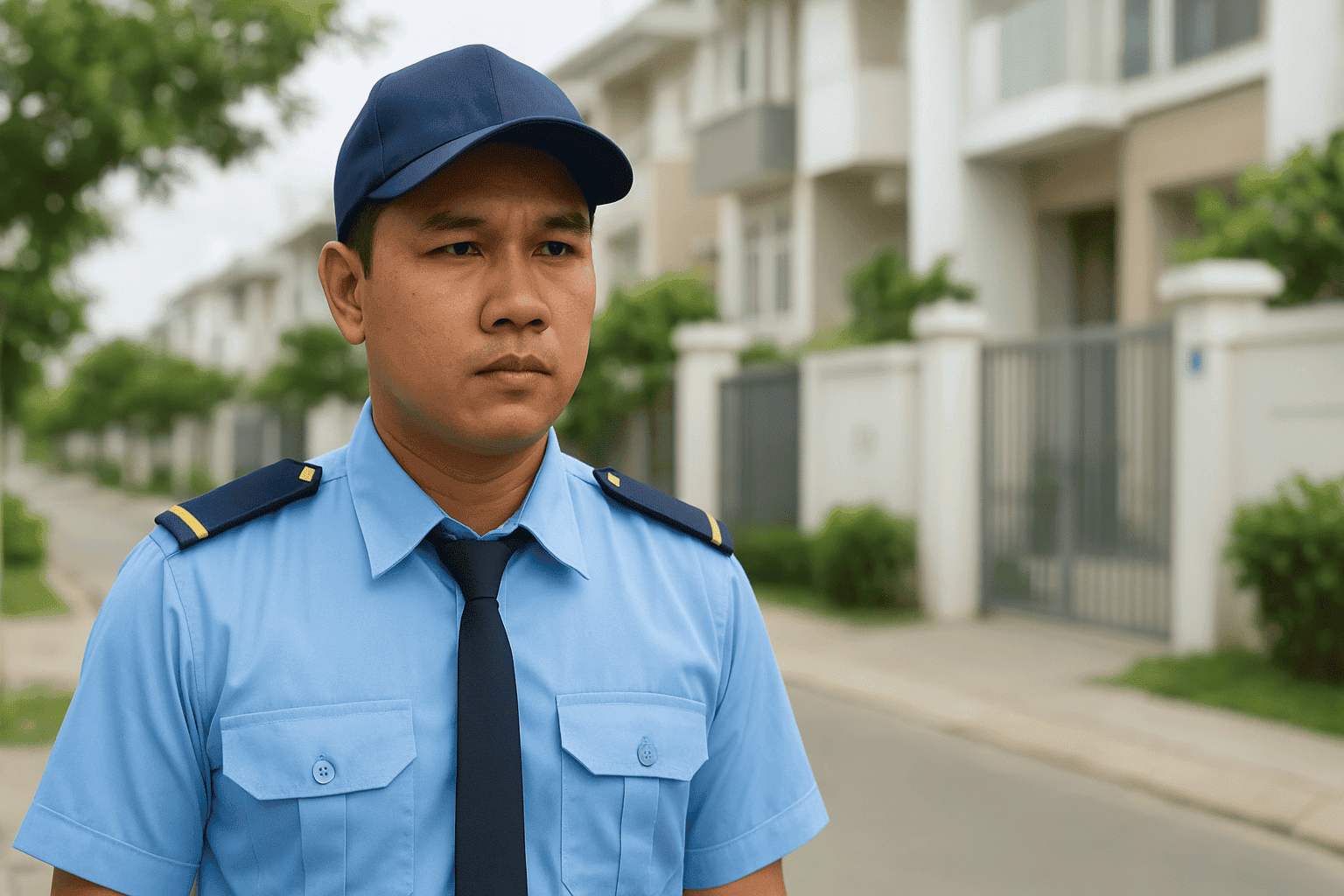 Nhân viên bảo vệ khu dân cư trong đồng phục chuẩn, minh họa cho bảng giá dịch vụ bảo vệ chuyên nghiệp
