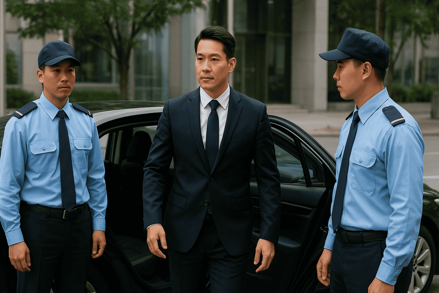 Bảo vệ VIP chuyên nghiệp, doanh nhân bước xuống xe được 2 vệ sĩ đi kèm