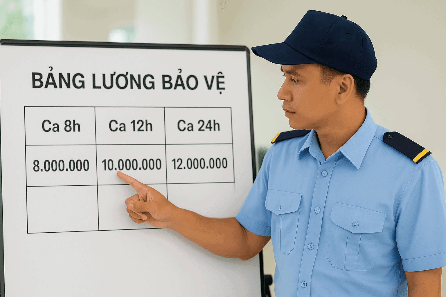 Bảo vệ chỉ tay bảng lương ca 8h 12h 24h rõ ràng