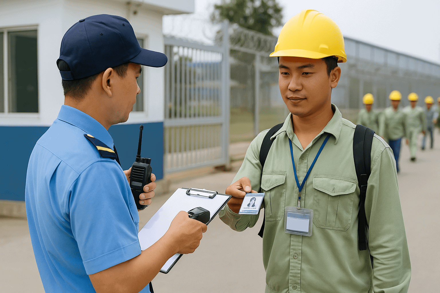Bảo vệ kiểm tra thẻ tại cổng nhà máy