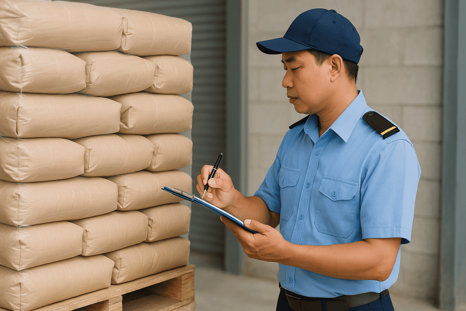 Nhân viên bảo vệ kiểm tra và ghi chú số lượng xi măng