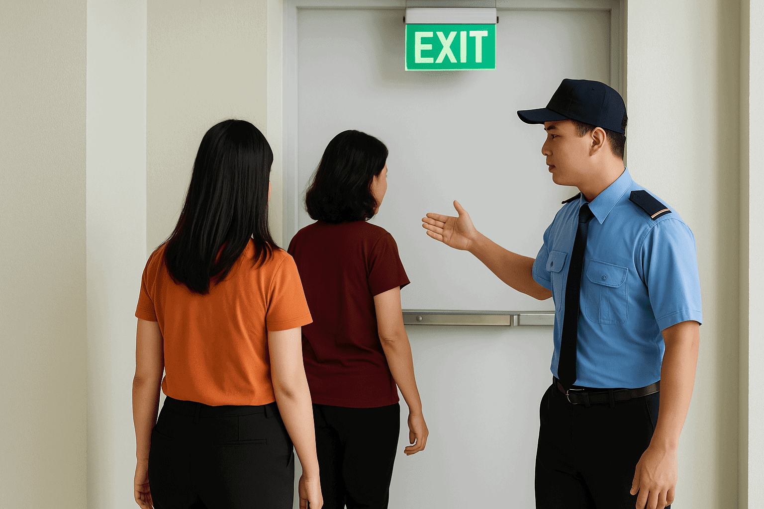 Nhân viên bảo vệ hướng dẫn thoát hiểm tại tòa nhà