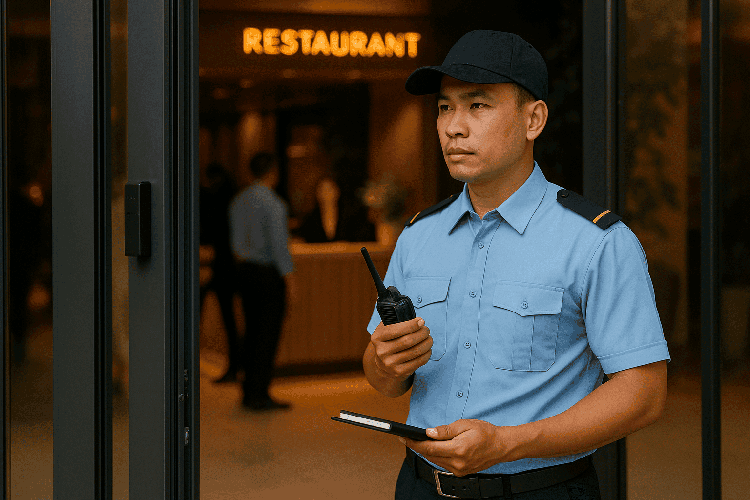 Bảo vệ nhà hàng trực sảnh, kiểm soát khách ra vào và hỗ trợ lễ tân