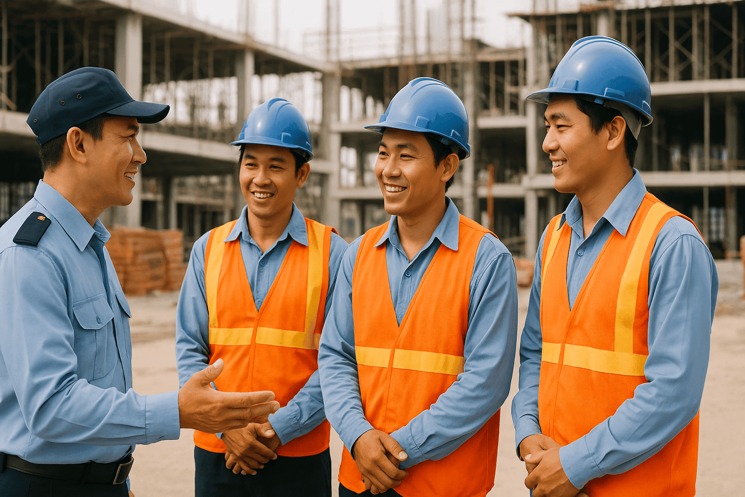 Bảo vệ thân thiện trao đổi cùng ba công nhân công trường