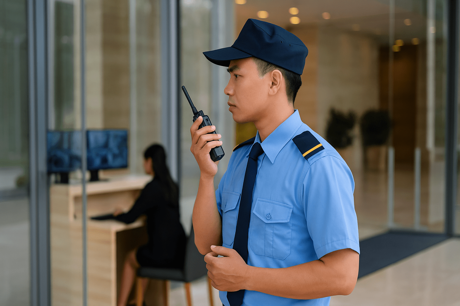 Nhân viên bảo vệ trực sảnh tòa nhà, tay cầm bộ đàm, giám sát camera