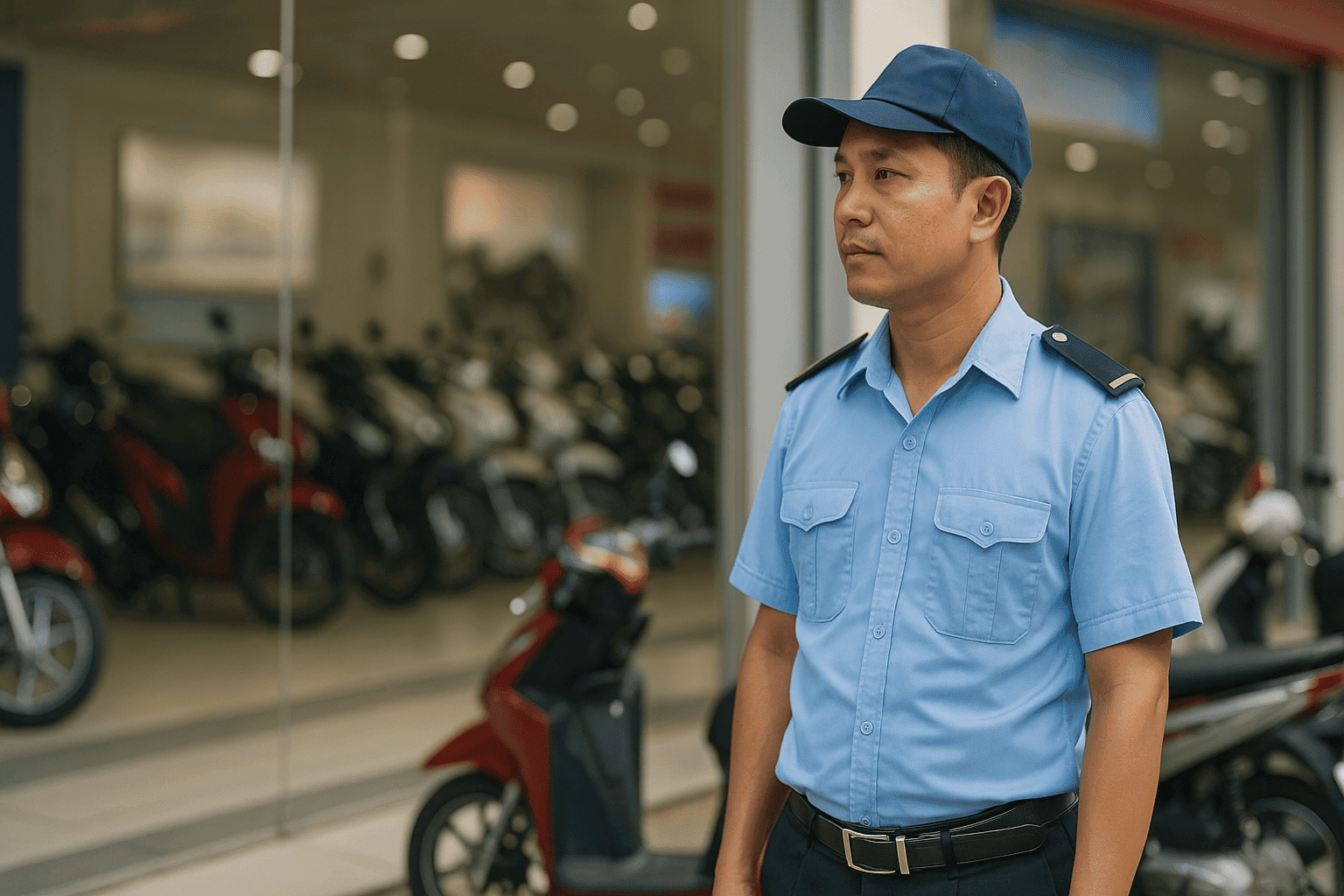 Bảo vệ showroom xe máy và lương bảo vệ 12 tiếng
