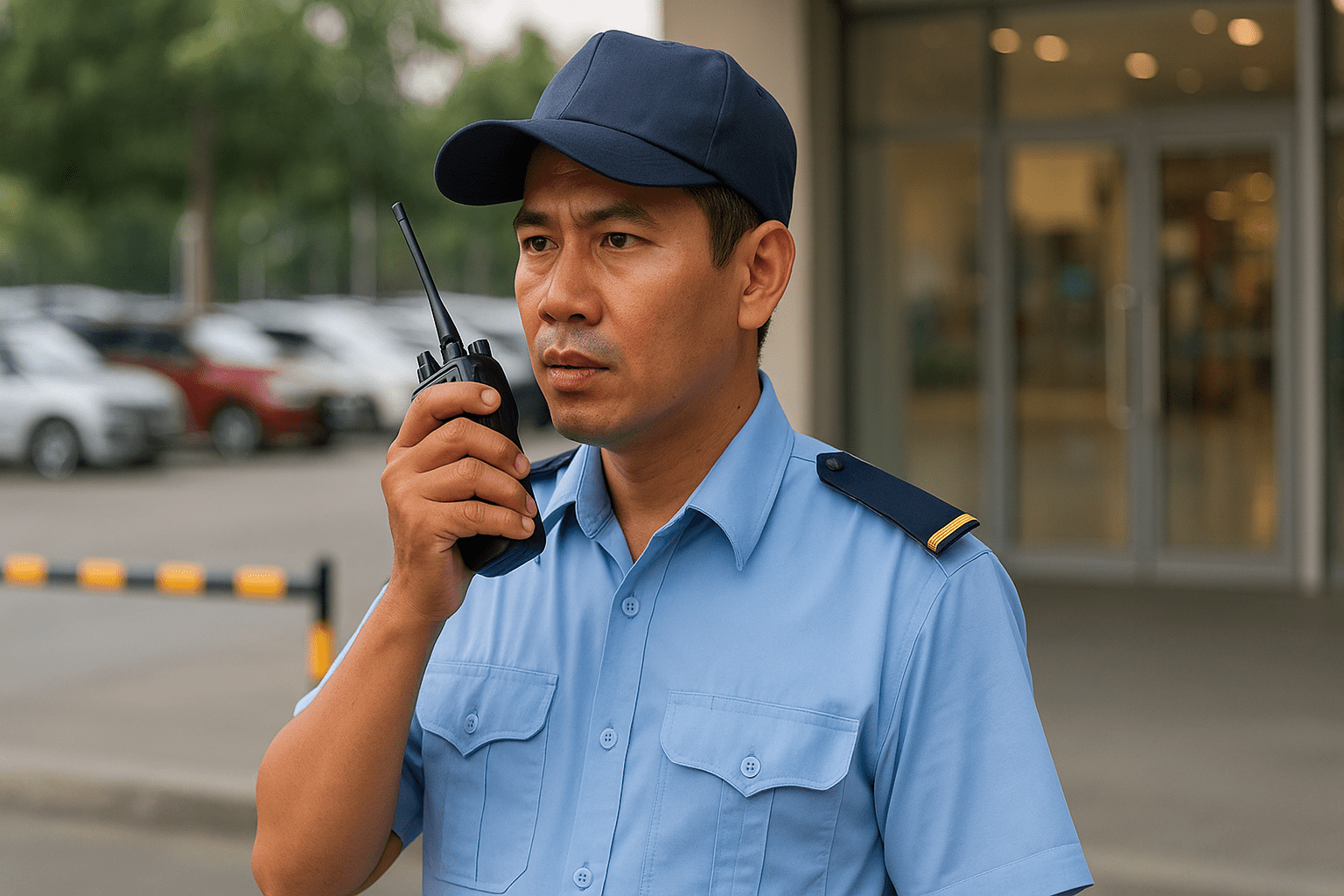 Nhân viên bảo vệ Việt Nam dùng bộ đàm khi làm việc tại trung tâm thương mại, minh họa môi trường việc làm bao ăn ở chuyên nghiệp.
