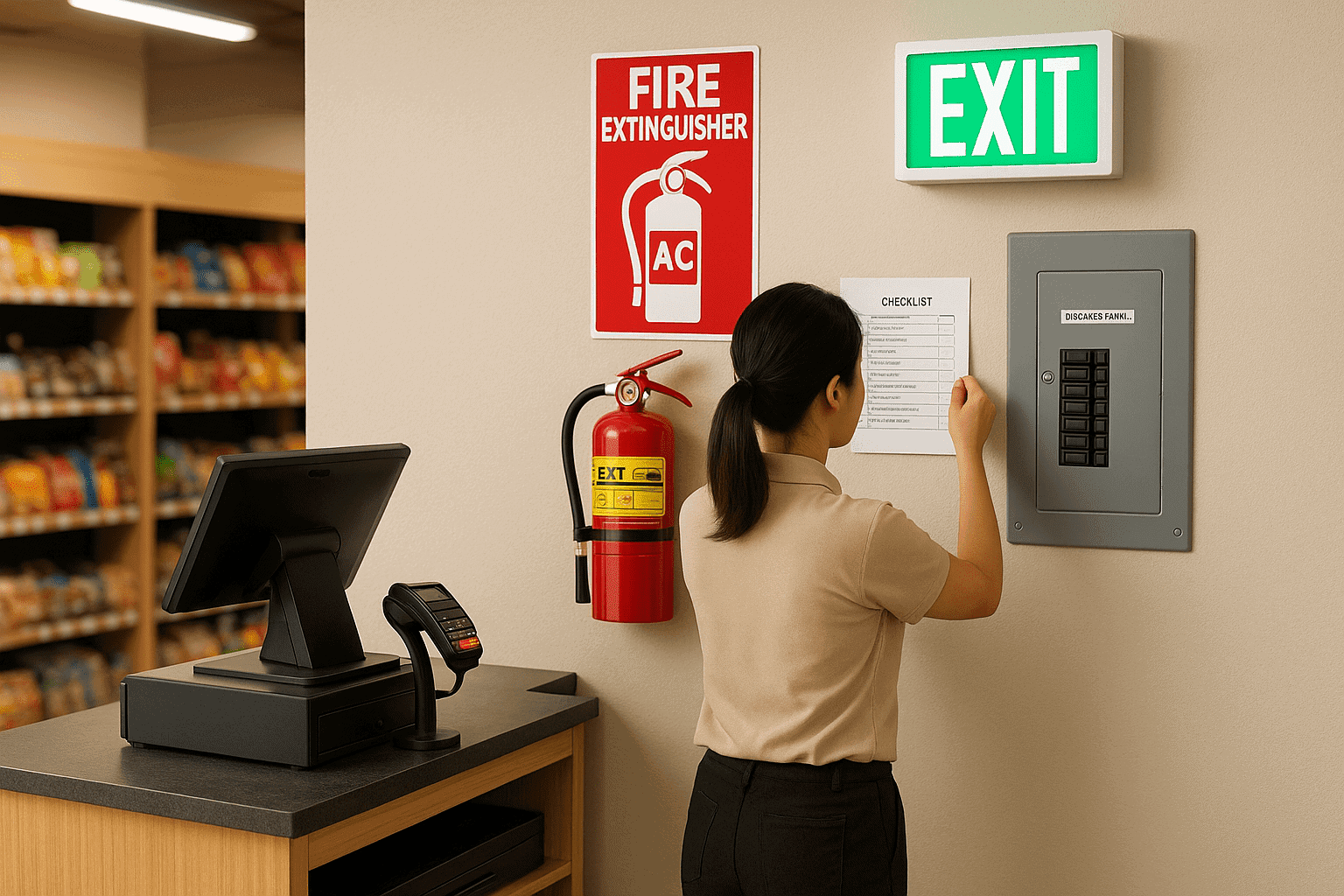 Quầy tính tiền có bình chữa cháy và đèn thoát hiểm