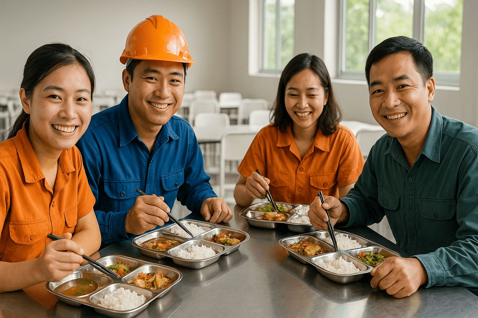 Công nhân Việt Nam ăn trưa tại căng tin ký túc xá sạch sẽ, không khí thoải mái, thể hiện môi trường việc làm bao ăn ở.