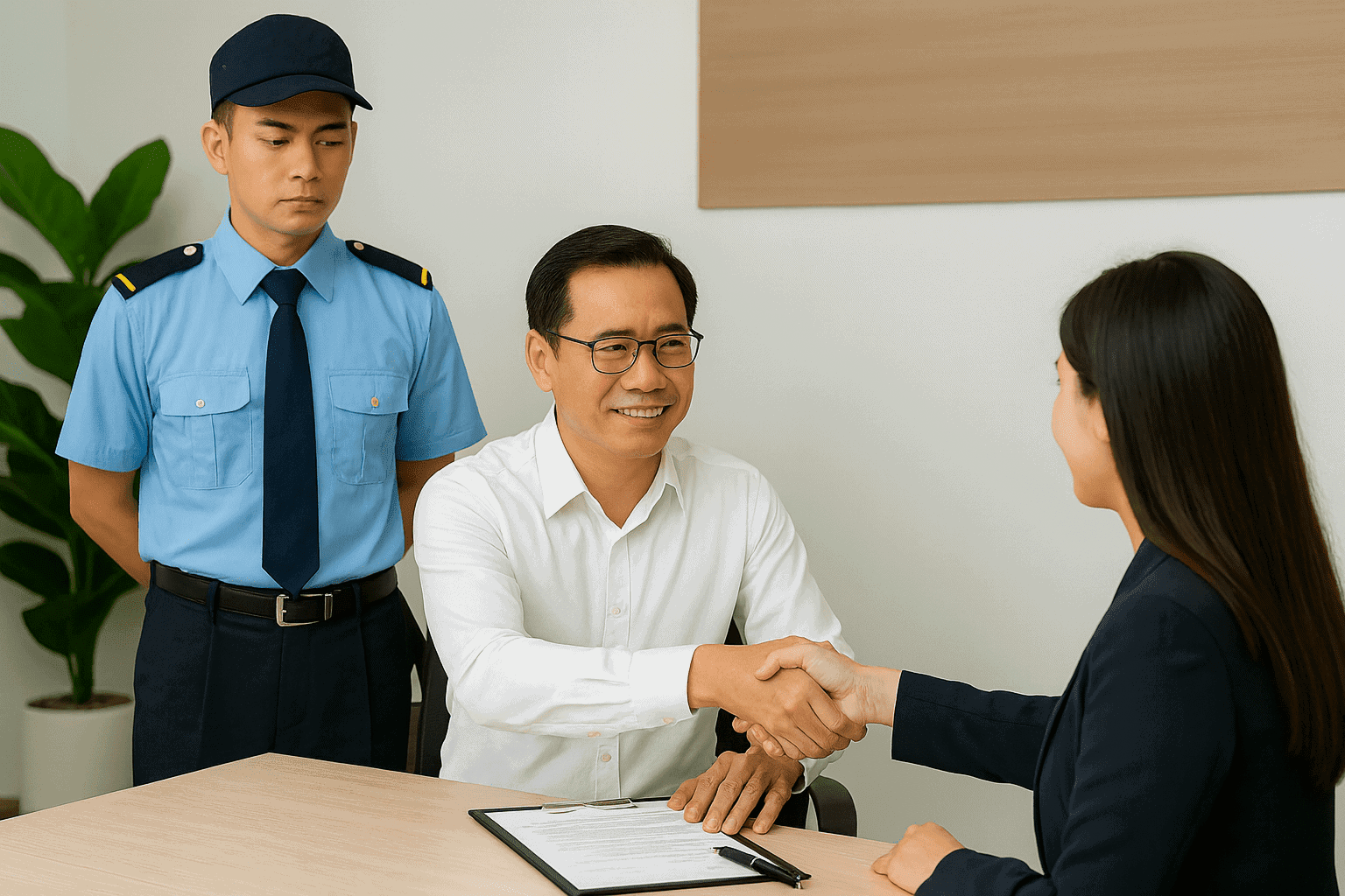 Quản lý ký hợp đồng cùng khách hàng, nhân viên bảo vệ đứng trang nghiêm, minh họa cam kết minh bạch của công ty bảo vệ TPHCM