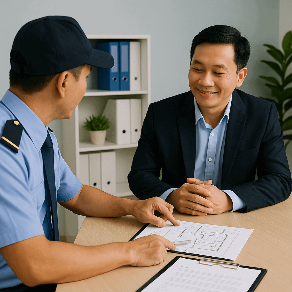 Quản lý công ty bảo vệ TPHCM trao đổi kế hoạch an ninh cùng khách hàng trong văn phòng, bàn có hợp đồng và sơ đồ khu vực