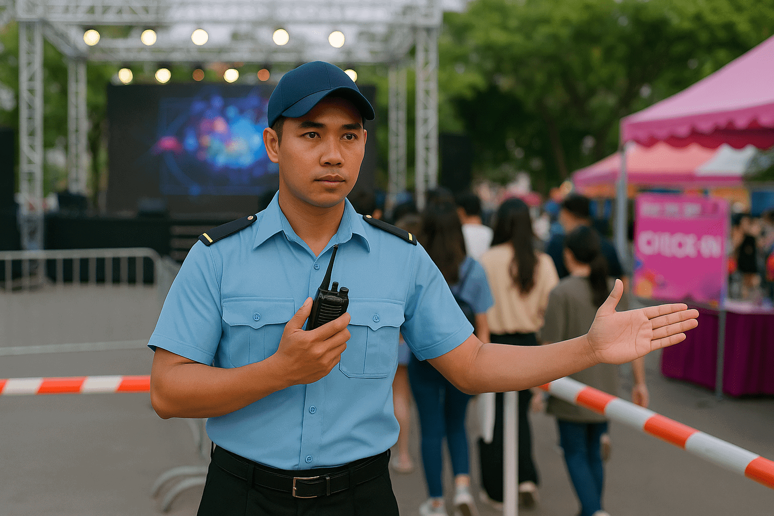 Bảo vệ TPHCM phân luồng khách tại sự kiện ngoài trời, tay cầm bộ đàm trước khu vực sân khấu